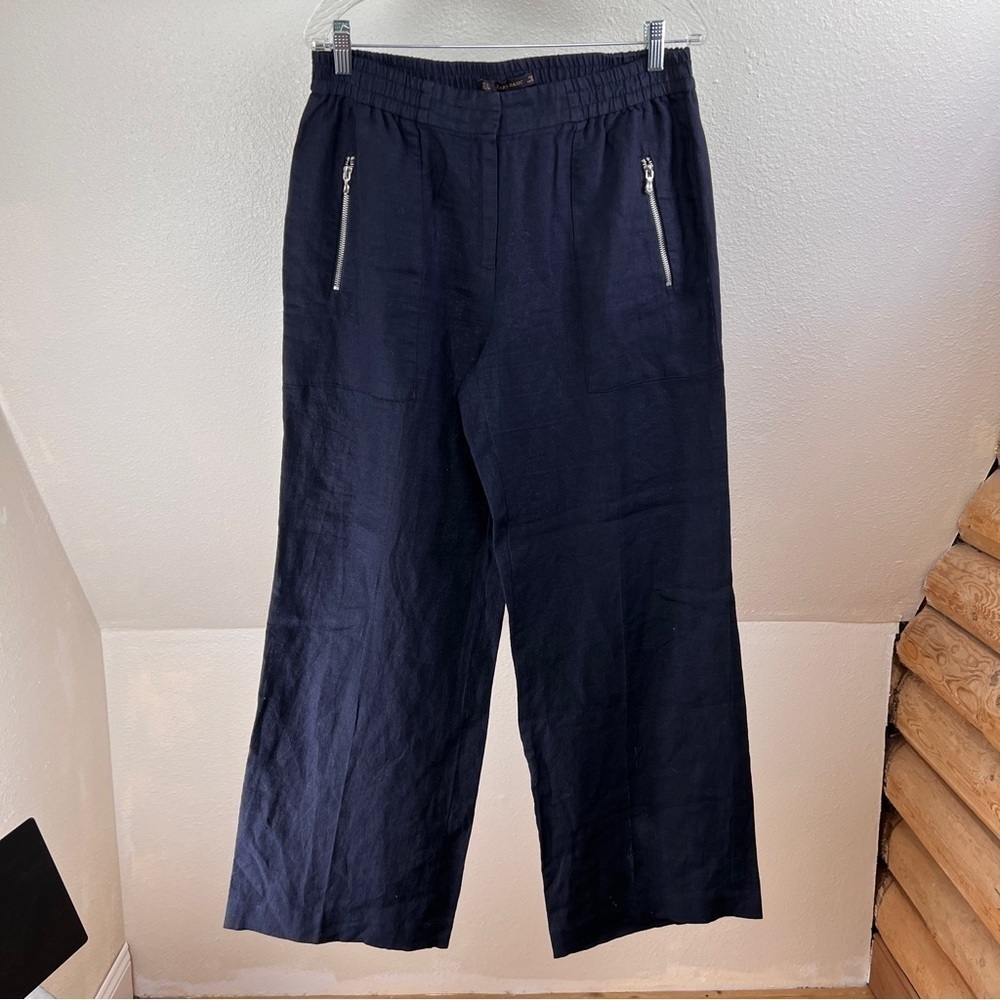 ZARA BASIC Black Linen Elastic waist Pants w/clasp & zipper Closure. Size Large